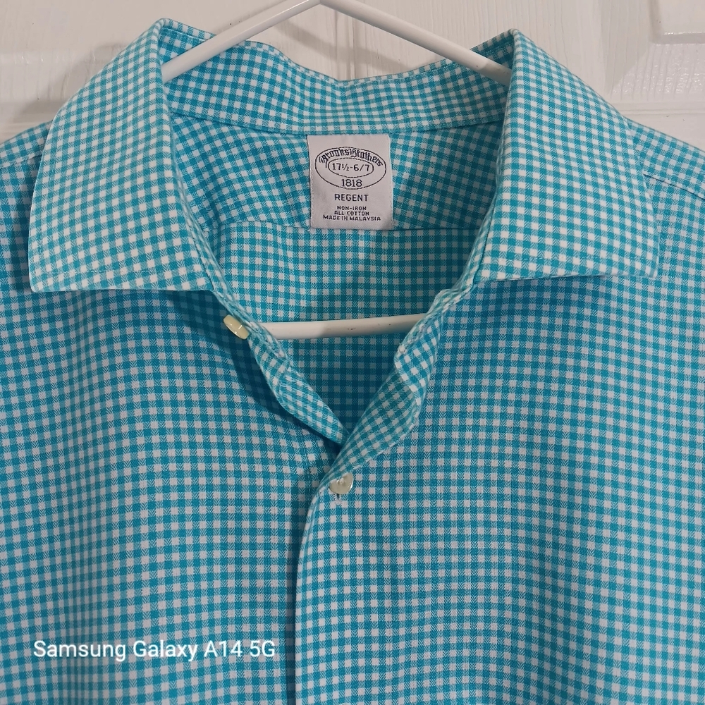 Brooks Brothers 1818 Regent Dress Shirt Men 17.5 6/7 Checkered Blue Button-Up